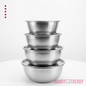 Set of four stainless steel mixing bowls stacked on a white background with 'Handy & Trendy' branding.