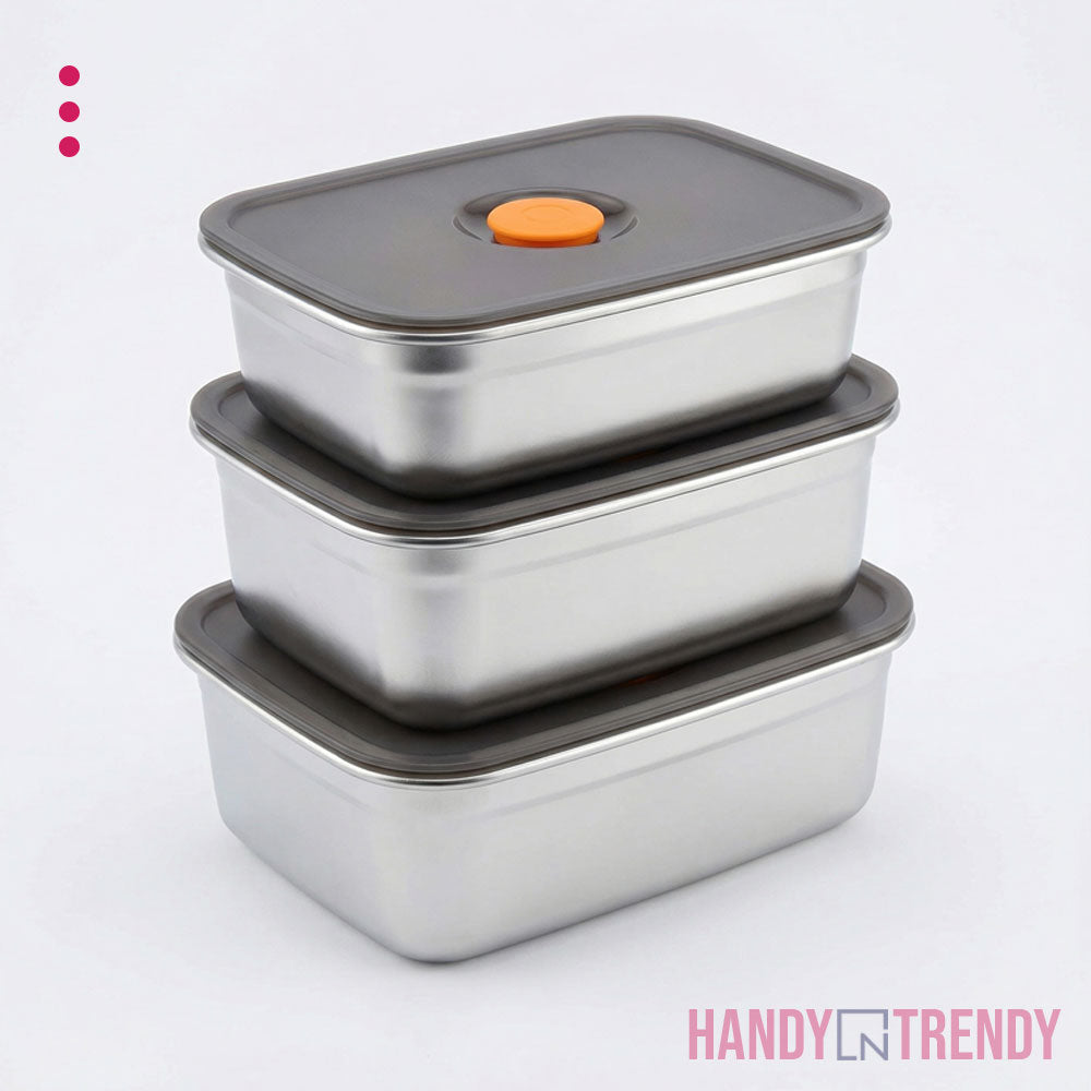 Set of three stainless steel food containers with gray lids on a white background, branded 'Handy & Trendy'.