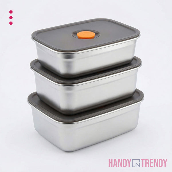 Set of three stainless steel food containers with gray lids on a white background, branded 'Handy & Trendy'.