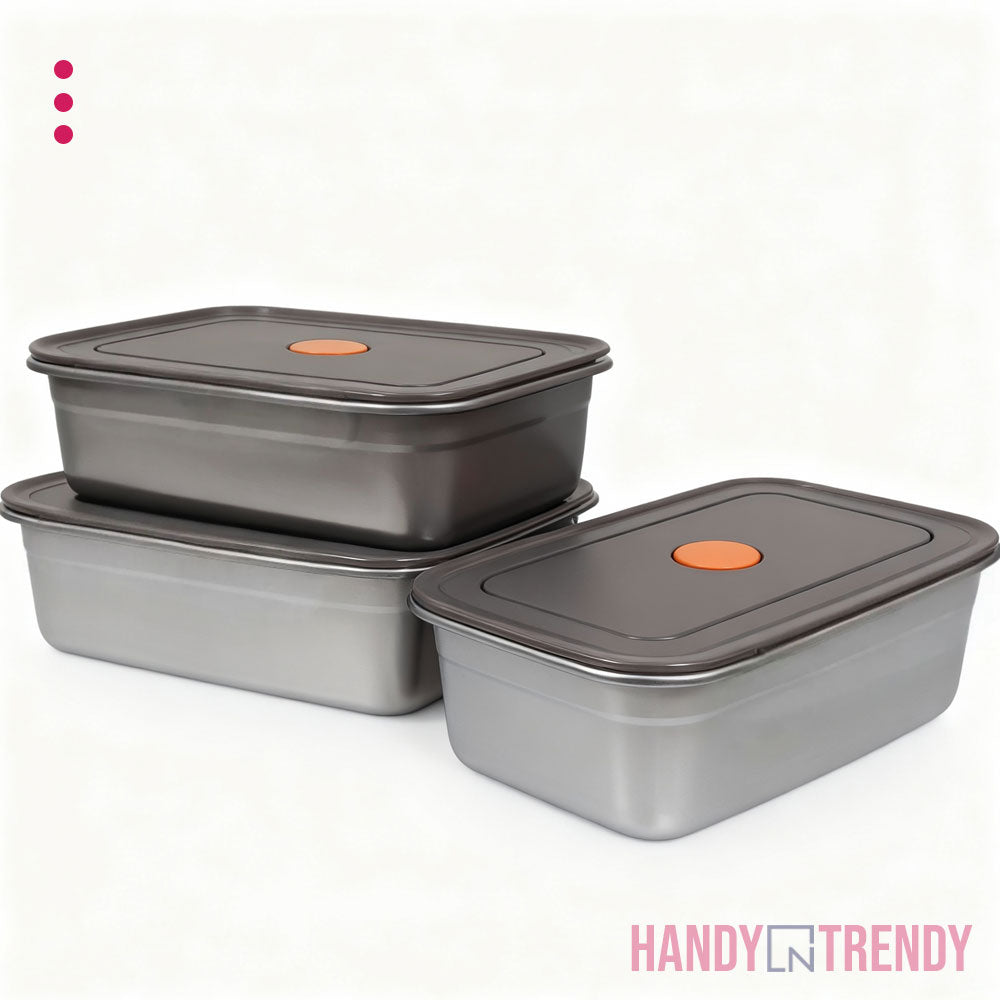 Set of three metallic storage containers with black lids on a white background, branded 'Handy & Trendy'.