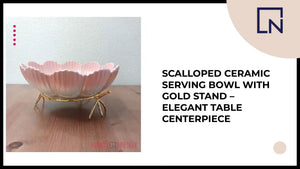 Scalloped Ceramic Serving Bowl with Gold Stand &ndash; Elegant Table Centerpiece by@Outfy