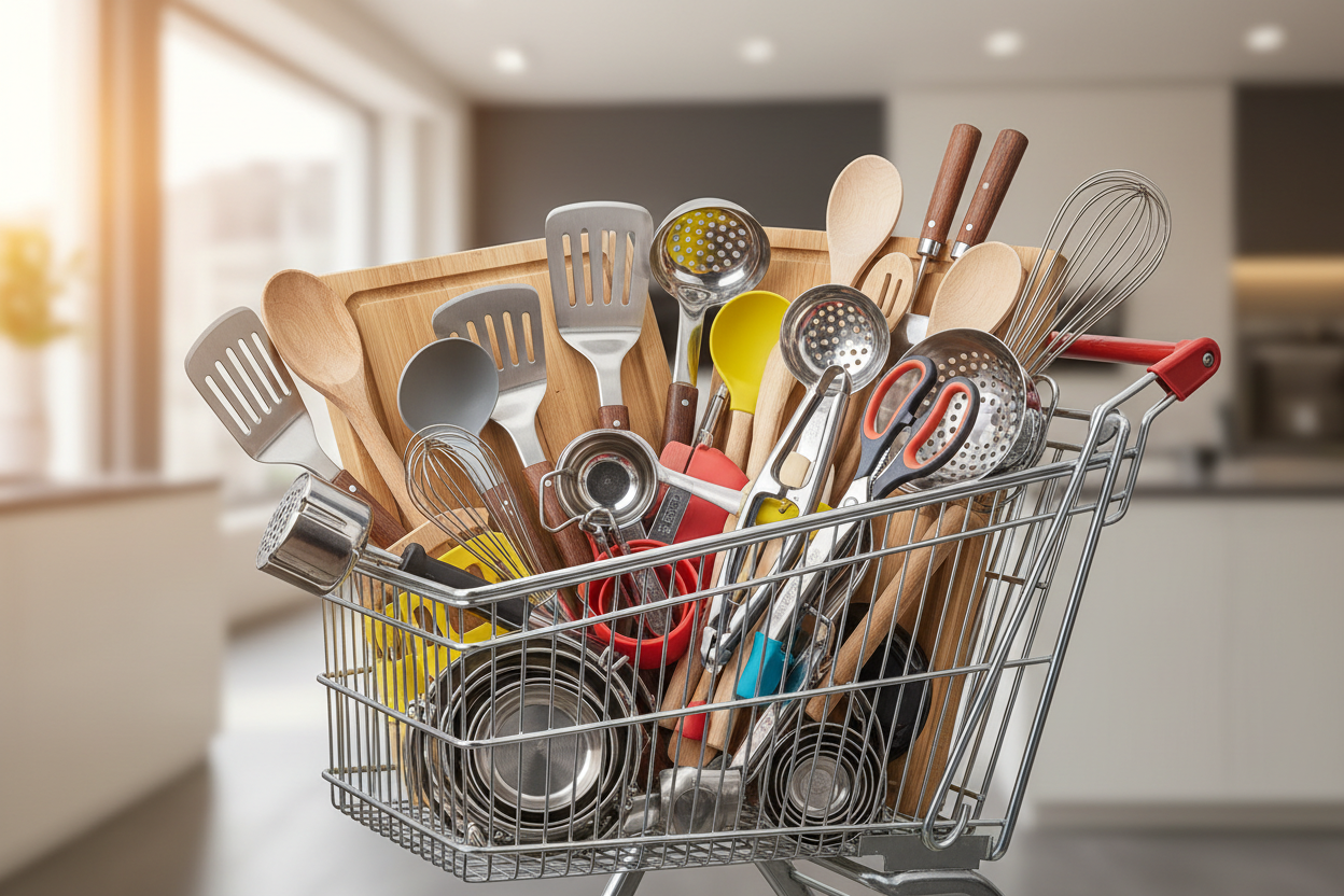 Shopping trolley full of kitchen tool and utensils