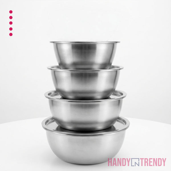 Set of four stainless steel mixing bowls stacked on a white background with 'Handy & Trendy' branding.