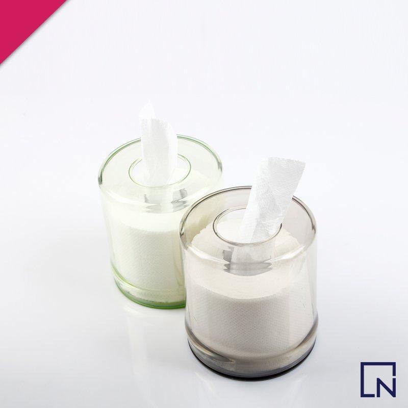 transparent tissue holder, tissue box, round tissue box, tissue holder, tissue dispenser, tableware, coffee table accessories, tissue roll, handyntrendy, kitchen tools, kitchen accessories