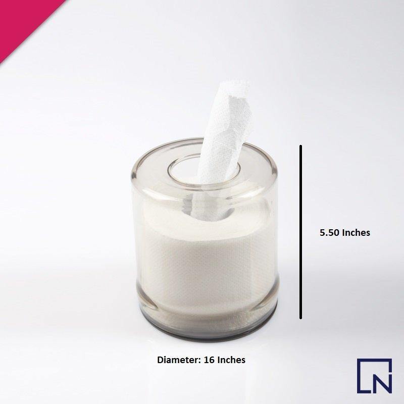 transparent tissue holder, tissue box, round tissue box, tissue holder, tissue dispenser, tableware, coffee table accessories, tissue roll, handyntrendy, kitchen tools, kitchen accessories
